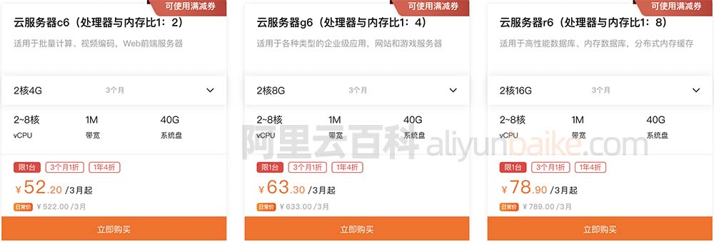 阿里云服务器计算型c6、通用型g6和内存型r6收费价格表