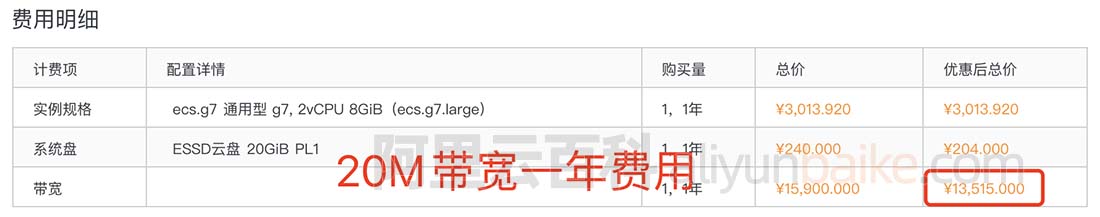 阿里云服务器20M带宽一年13515元