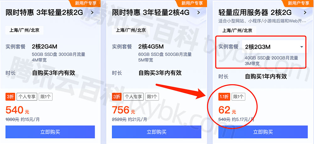 腾讯云轻量应用服务器62元一年