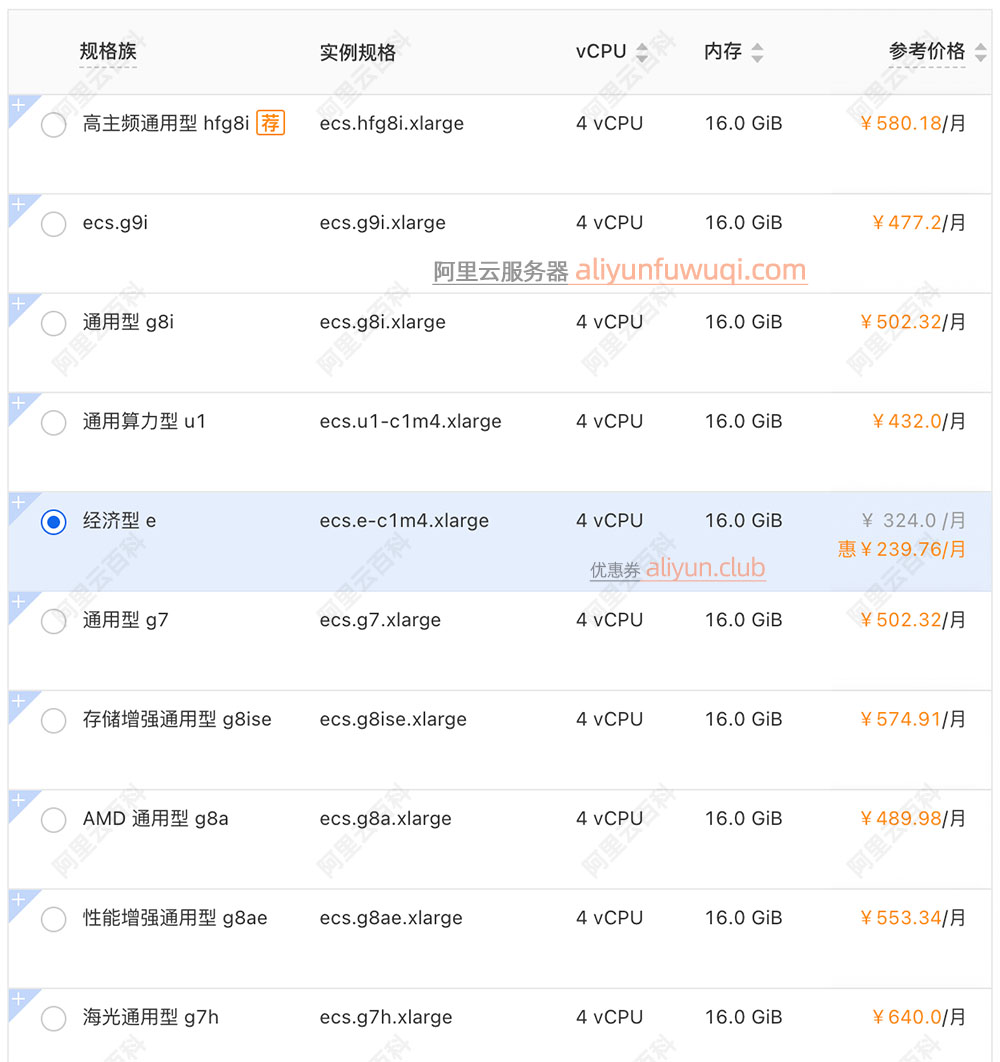 阿里云4核16G服务器ECS实例规格