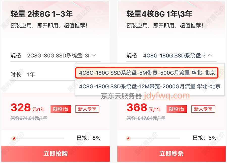 京东云4核8G轻量云主机368元一年