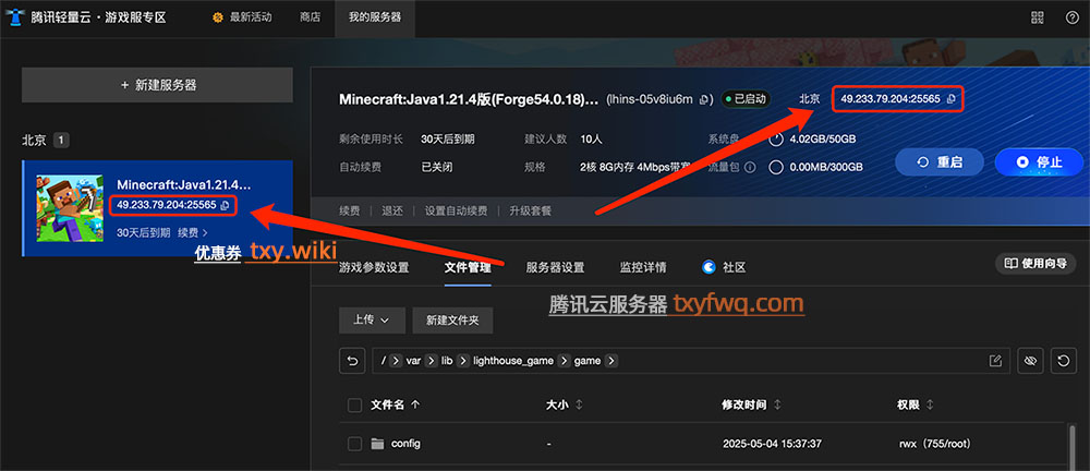 复制mc服务器登录地址IP:25565