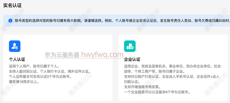 华为云账号实名认证个人和企业