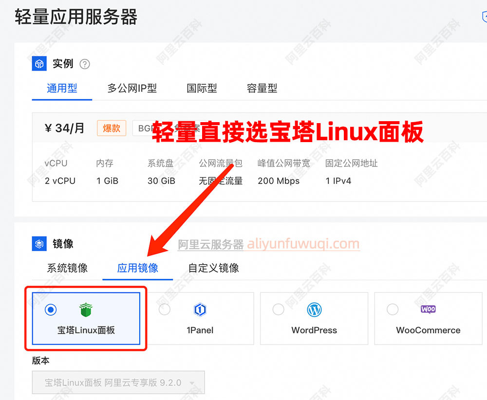 阿里云轻量应用服务器宝塔Linux面板应用镜像