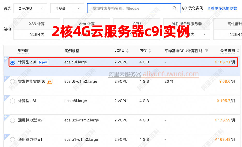 阿里云2核4G云服务器ECS计算型c9i实例