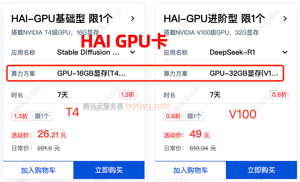 腾讯云HAI-GPU卡型号T4、V100等卡