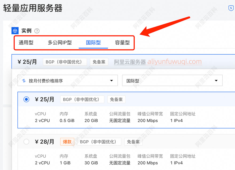 轻量服务器通用型、多公网IP型、国际型和容量型