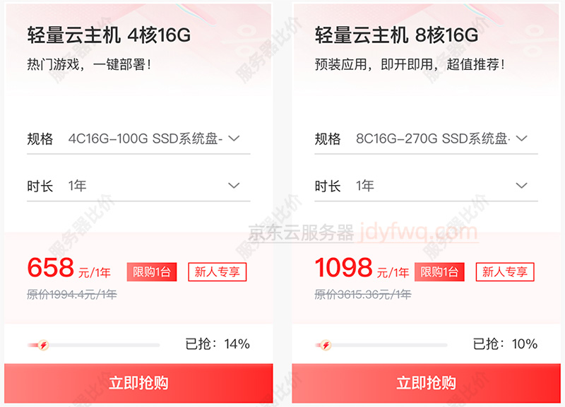 京东云8核16G轻量云主机优惠价格1098元一年