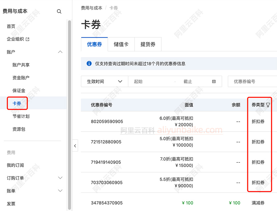 阿里云优惠券查询