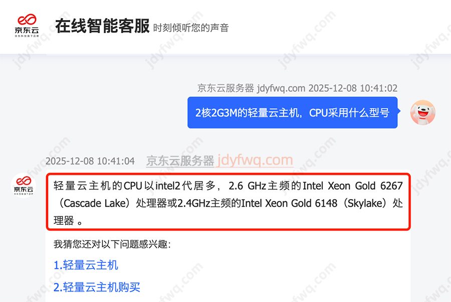 京东云轻量云主机CPU处理器型号